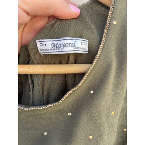 Mayoral Girls Olive Green Gold Beaded Cut out back wrap waist romper - 14 - Picture 3 of 3